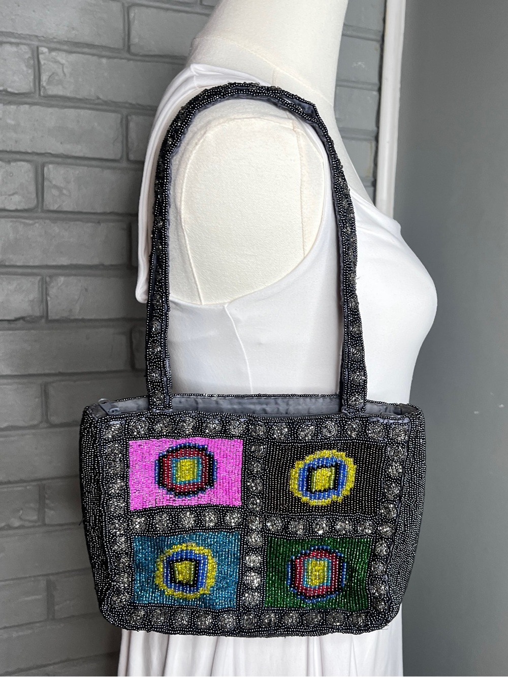 Vintage Beaded Multicolor Panel Geometric Patterned Shoulder Bag
